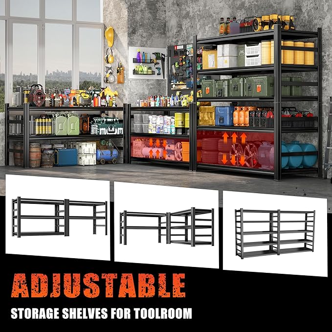 48''W/87''H Storage Shelves Heavy Duty Adjustable Metal Garage Shelving Unit Rack Metal Storage Shelf Heavy Duty Shelf for Heavy Tools and Equipment, Ideal for Garage, Basement, Black