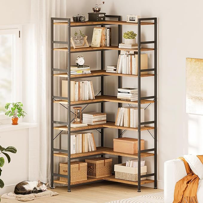 Casaottima Corner Bookshelf 7 Tier, 76 Inches Reversible Book Shelf for Living Room, Industrial Wooden Bookcase with Open Shelves and Metal Frame for Bedroom, Home Office, Kitchen, Vintage
