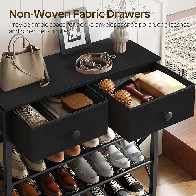 YATINEY 5 Tier Shoe Rack, Large Capacity Shoe Storage Organizer, Metal Shoe Shelf with Drawer and Wooden Top, for 20 Pairs of Shoes, for Entryway, Closet, Black SS25BB
