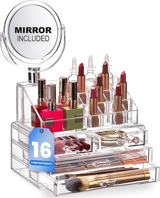 Masirs Clear Makeup Organizer with Mirror – 16-Compartment Cosmetic and Jewelry Holder, 4-Drawer Vanity Storage, Elegant Clear Design for Makeup and Accessories