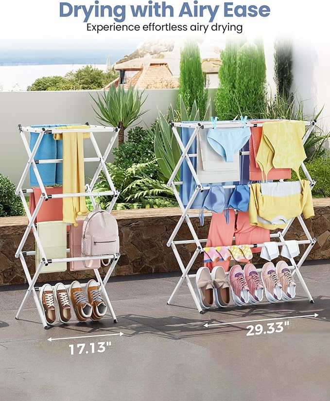 APEXCHASER Clothes Drying Rack Folding - 3 Tier Laundry Drying Rack for Clothes, Expandable Metal Clothing Dryer, Collapsible Towel Rack, Air Drying Rack, White