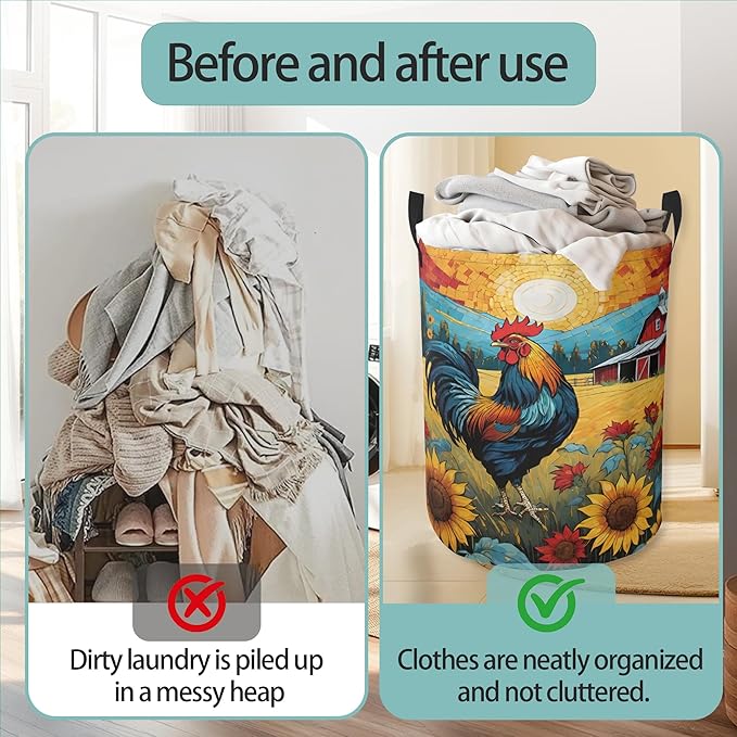 Laundry Basket With Handle, Dirty Clothes Laundry Hamper, Oxford Cloth Bin Storage Organizer for Toy Collection (Vintage Rooster)