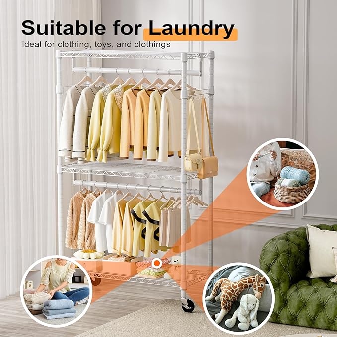 M MZG Heavy Duty Rolling Garment Rack 3 Tiers Adjustable Wire Shelving Clothes Rack with 2 Rods and Side Hooks,Storage Closet Clothing Rack with Wheels White 15.7" D x 29.5" W x 74.5" H