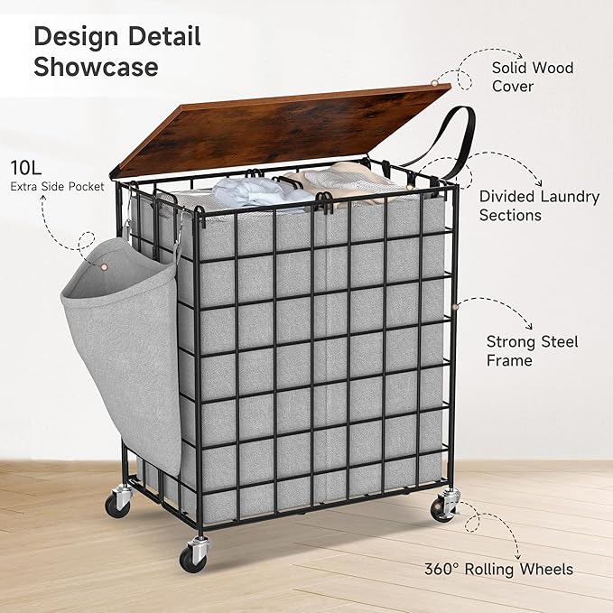 Laundry Basket with Wheels, Heavy Duty Laundry Sorter 2 Sections, Large Capacity 120L (32Gal.) Laundry Hamper with Wood Lid, 360 Rolling Wheels, Extra Side Pocket, Leather Pull Handle, Grey