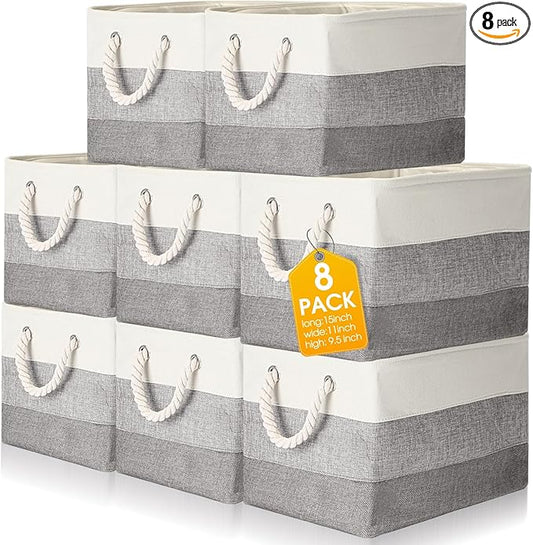 meekoo 8 Pack Collapsible Storage Bins Fabric Storage Bins Polyester Fabric Baskets with Handles Linen Closet Organizer for Shelf Home Closet Towels Toys(15 x 11 x 9.5 in,Mixed Gray)