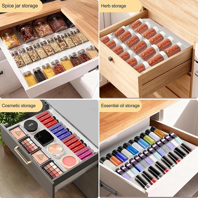 GOENDR Spice Drawer Organizer, 4-Tier Metal Spice Rack for Drawer, Expandable Seasoning Organizer Fits 11.4-22.8” Wide Drawer, Holds up to 48 Spice Jars (Not Included), White