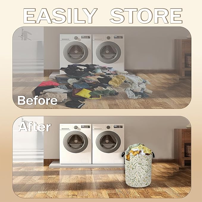 Green Herb Leaves Laundry Hamper,Rustic Wildflower Collapsible Laundry Baskets,Waterproof Oxford Cloth Laundry Room Organization for Bedroom,Bathroom,Nursery,16x20 Inch
