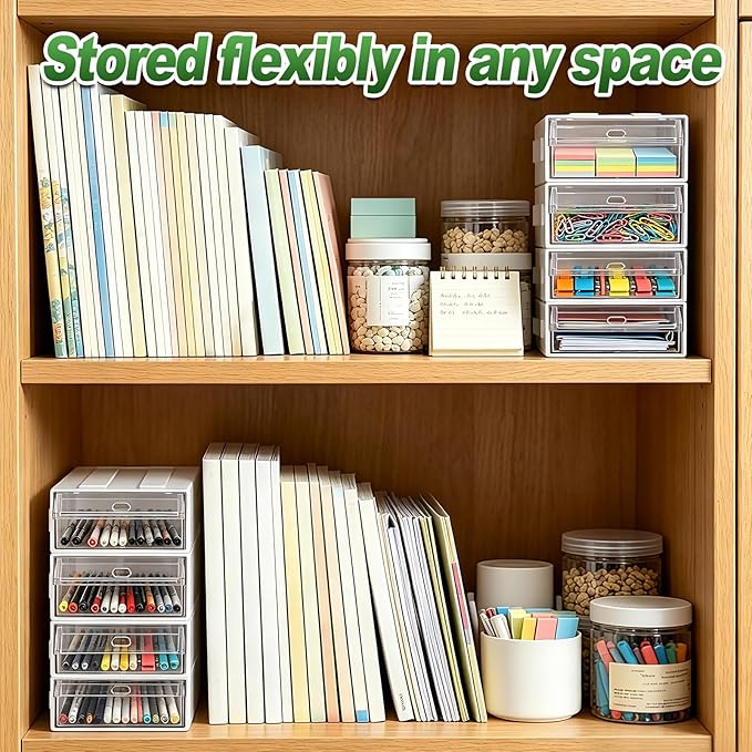 9 Pcs Stacking Office Drawer Organizers - Desktop & Wall Mounted 9 Drawer Storage Closet with 18pcs Clear Dividers Multifunctional Organizer Rack with 9pcs Tag Card for Home Small Items