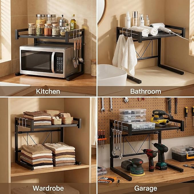 PUSDON Adjustable Carbon Steel Microwave Oven Rack, 2-Tier with 3 Hooks, 55lbs Weight Capacity, Black