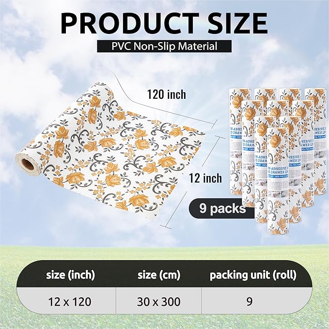 FIFTY FEET 12X120 Inch Shelf Liner for Kitchen Cabinets, PVC Drawer Liner for Dresser Non-Slip Bathroom, Non-Adhesive Cabinet Liner Washable (Yellow Floral)(10 Roll)