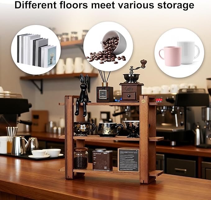Coffee Station Organizer for Kitchen Countertop Mug Holder 3 Tier Wooden Cup Organizer Stand Shelf