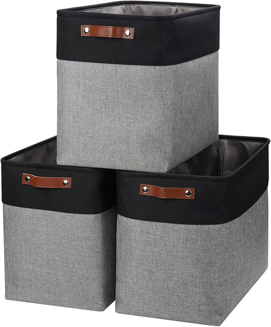 Bagnizer Large Fabric Storage Baskets | 50L Storage Bins, Decorative Linen Closet Baskets with Handles for Organizing, Shelf, Toys, Clothes, Home, Office, Nursery, 17x12x15Inches (Gray&Black)