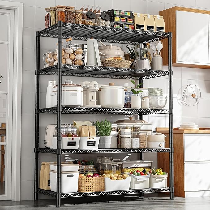 REIBII 72''H Metal shelving 5 Tire Storage Shelves for Garage Shelving Adjustable Wire Shelving Rack Heavy Duty Shelving Unit for Garage, Kitchen, Pantry, Laundry Room, Commercial, 72''H X36''W X14''D