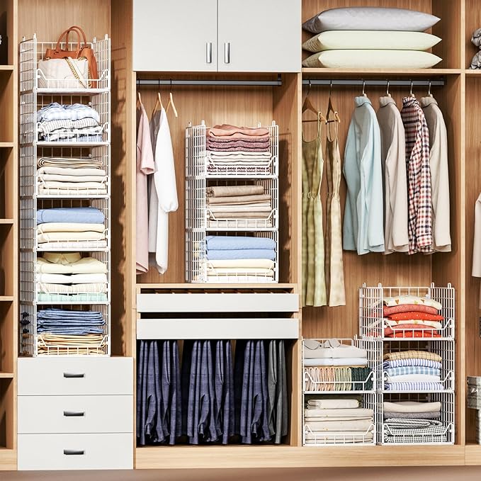 Jakyitvi 6-Tier Closet Shelf Organizer,Metal Stackable Closet Organizers and Storage,Clothes Storage Bins,Shelf Organizer Basket ,Folded Shelf Organizer for Closet Wardrobe,White