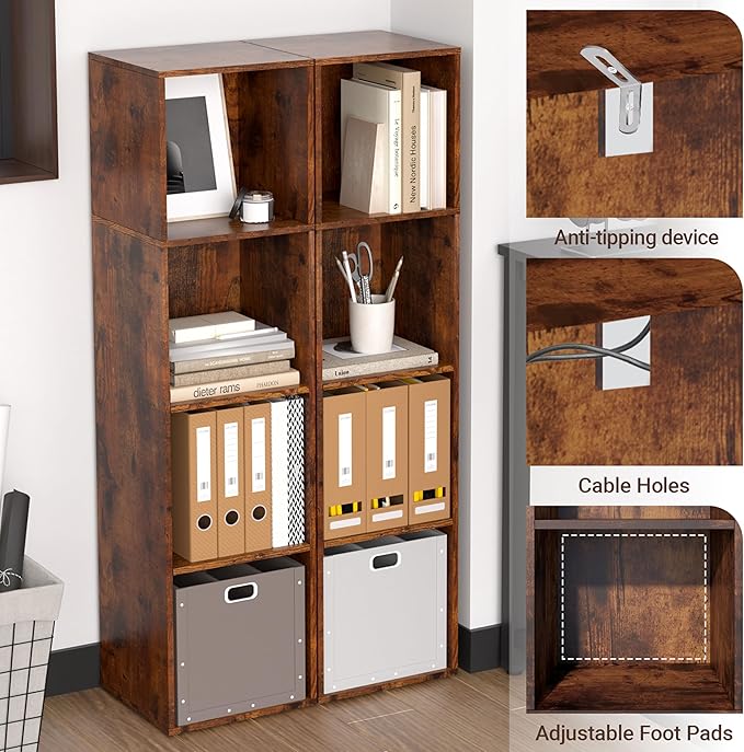 Cube Storage Organizer, 4 Cube Retro Bookshelf, Freestanding 4 Tier Open Shelf, Rustic Brown Retro Shelves for Home Office, Bedroom, Living Room, Study