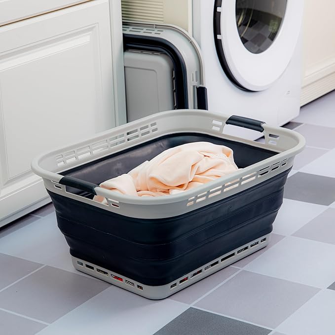 SAMMART 42L (11 gallons) Collapsible Plastic Laundry Basket - Portable Pop Up Storage Container/Organizer - Portable Hamper - Space Saving Easy Storage (Grey/Slate Grey (Set of 2))