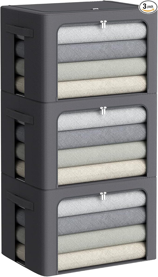 CYhom 3Pack Stackable Clothes Storage Bins - Oxford Frame Storage Box Foldable Clothing Storage Container Organizer Set with Clear Window & Carry Handles Large Capacity (Dark Gray, Large-66L)