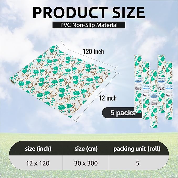 12X120 Inch Shelf Liner for Kitchen Cabinets, PVC Drawer Liner for Dresser Non-Slip Bathroom, Non-Adhesive Cabinet Liner Washable (Green Floral)(5 Roll)