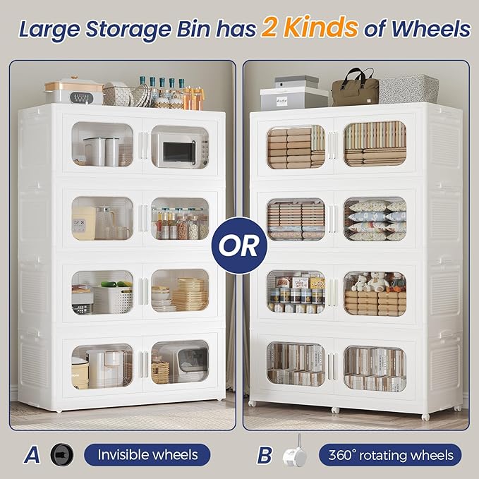 250Gal Extra Large Stackable Storage Bins with Lid & Wheels & Doors, 200QT/50GAL 5-Tiers Collapsible Closet Organizers Plastic Containers Drawers Boxes for Home Kitchen Bedroom, White