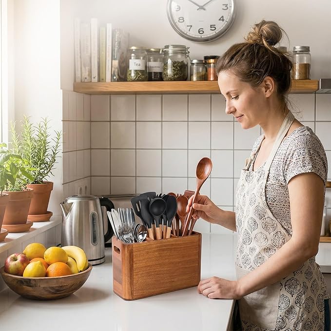 Kitchen Utensil Holder for Countertop, Extra Large Acacia Wood Utensil Organizer, 3-Compartment Storage for Cooking Utensils, Silverware and Cutlery