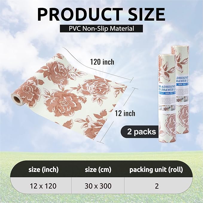 FIFTY FEET 12X120 Inch Shelf Liner for Kitchen Cabinets, PVC Drawer Liner for Dresser Non-Slip Bathroom, Non-Adhesive Cabinet Liner Washable (Red Flower)(2 Roll)