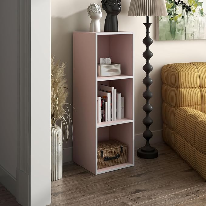 Homes: Inside + Out Apexa 3-Cube Storage Organizer Shelves, Stackable Wood Bookcase Fits Cubby Bins for Organization, Dorm Teen Room Decor & Home Office, Light Pink