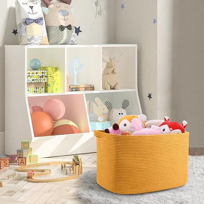 MEGASKET Extra Large Orange Storage Basket, 23.6" x 17" x 12" Rectangle Baskets for Organizing, Blanket Toy Bin Organizer, Colorful Woven Cotton Rope Baskets for Decor