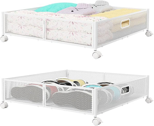 PHINOX Under Bed Storage Containers with Wheels - Shoe Storage Organizer Drawer, Tool-free Assembly Metal Underbed Storage Containers for Bedroom Clothes, Shoes, Blankets - 2Pack