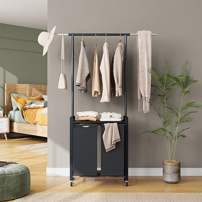 GarveeHome 2-Section Rolling Laundry Cart with Hanging Rack & Utility Shelf | Laundry Sorter Hamper with Lockable Wheels | Laundry Basket Organizer for Bedroom, Bathroom, Laundry Room | Black