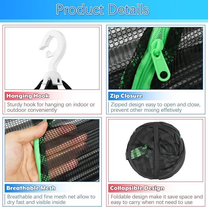Hanging Drying Rack, Foldable Mesh Drying Net 3 Layers Hanging Dry Basket with Zipper Air Breathable Hang Rack Fish Net for Indoor Outdoor Garden Flower Plants Seeds Fish