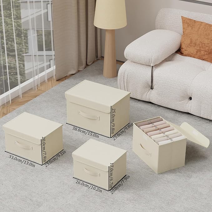 Storage Boxes, Collapsible Storage Bins with Lids, Cotton and linen cloth Storage Baskets with Handle, for Books, Closet, Bedroom, Home, 10.2x7.9x6.7 in, Beige