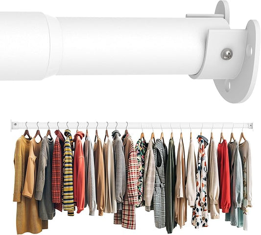 Closet Rod 30-63 Inches, Adjustable Heavy Duty Metal White Closet Rods for Hanging Clothes 1.3 Inches Diameter for Wardrobes Laundry