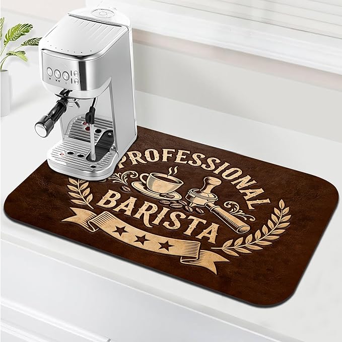 Vintage Coffee Drying Mat 12" x 19", Non-Slip Absorbent Quick-Dry Mat, Rustic Coffee Bar Decor and Countertop Protector