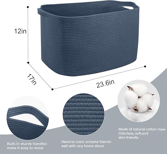 MEGASKET Extra Large Rectangle Storage Basket, 23.6" x 17" x 12" Dark Blue Blanket Storage for Living Room, Large Woven Cotton Rope Storage Box, Soft Kids Toy Basket Organizer Bin, Big Wicker Basket