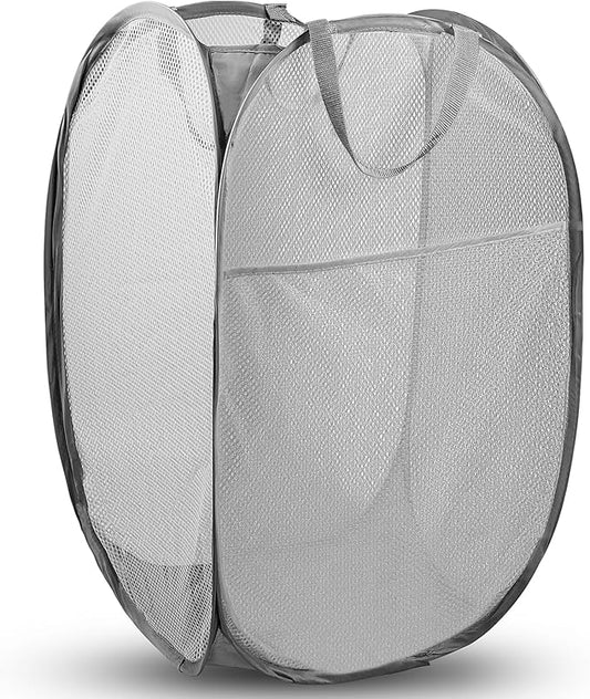 DUCOO Pop Up Laundry Hamper, 70L Collapsible Mesh Laundry Basket with Side Pocket, Foldable Dirty Clothes Hamper with Sturdy Reinforced Handles for Home Dorm Bedroom Travel Bathroom Storage, Gray