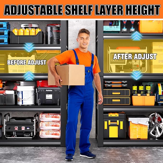 71.2''H Storage Shelves, 2500lbs Garage Shelving,Adjustable Heavy Duty Shelving Unit,5T Tall Garage Shelves，Metal Standing Shelf Units,Utility Rack For Kitchen Warehouse Industrial Basement 2 Pack