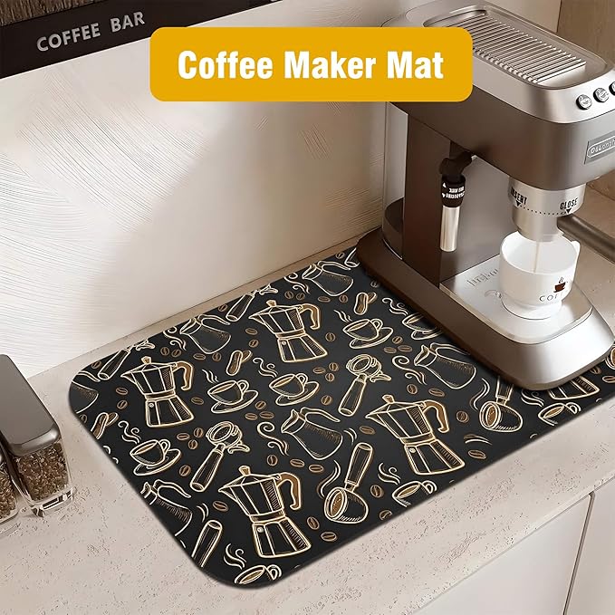 Black and Gold Coffee Tool Coffee Drying Mat 12" x 19", Absorbent Waterproof Coffee Station Mat, Protects Countertops from Spills Stains for Coffee Makers and Home Baristas