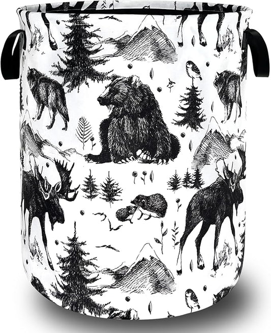 Bear Forest Deer Laundry Basket Foldable Black White Animal Laundry Hamper With Handle Oxford Cloth Portable Clothes Storage Basket Laundry Bag 18.9"x16.5" For Laundry Room/Bedroom/Bathrooms