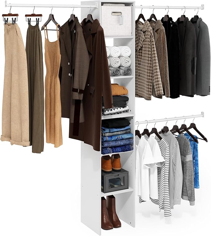 Furinno FANO Closet Organizers and Storage, 5-Tier Closet Storage Organizer with 3 Hanging Bars, Wardrobe Closet Shelf Towers, Adjustable Shelves, for Wardrobe, Bedroom, Living Room, White