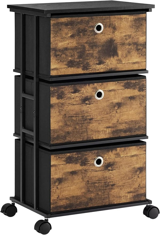 MAX Houser Dresser Storage with 3 Drawers, Fabric Tower Nightstand, Chest of Drawers,Vertical Storage Unit Organizer for Closets,Bedroom,Dorm, Wood Top, Rustic Brown Wood Grain Print