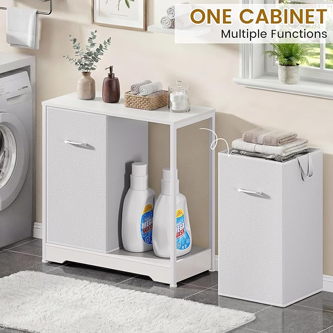 Pull-Out Laundry Sorter Cabinet With Removable Bags, Laundry Basket, 140L (2x70L) Laundry Hamper 2 Section For Organized Bedroom, Laundry Room, White