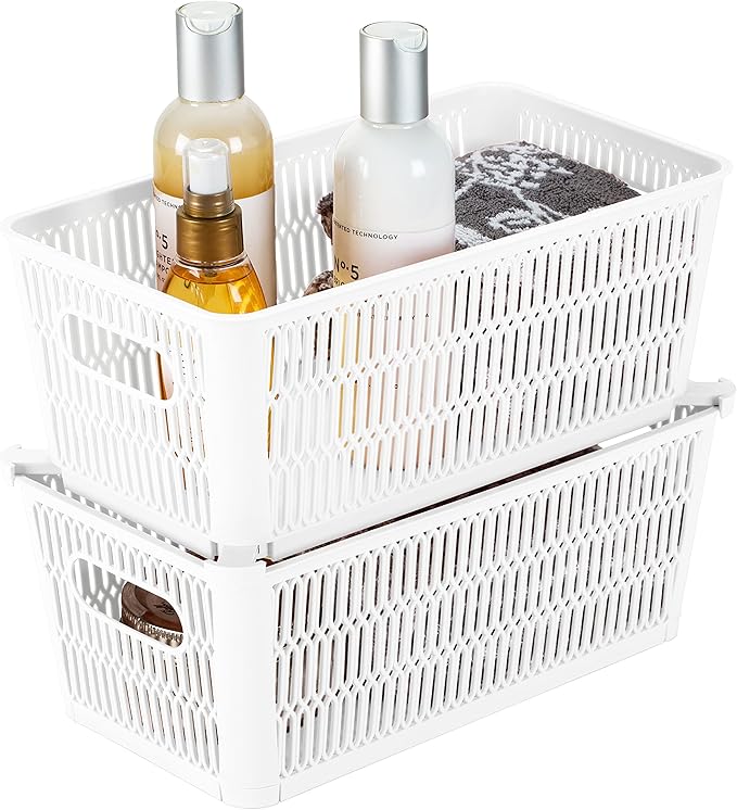 Simplify 4Pk Small Slide 2 Stack It Tote Basket | Storage & Organization | Open Bins with Stackable Capability | Bathroom | Crafts | Pantry | Playroom | Office | White