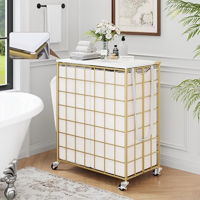 Laundry Basket with Wheels, Heavy Duty Laundry Sorter 2 Sections, 120L (32Gal.) Large Capacity Laundry Hamper with Wood Lid, 360 Rolling Wheels, Extra Side Pocket, Leather Pull Handle, Golden