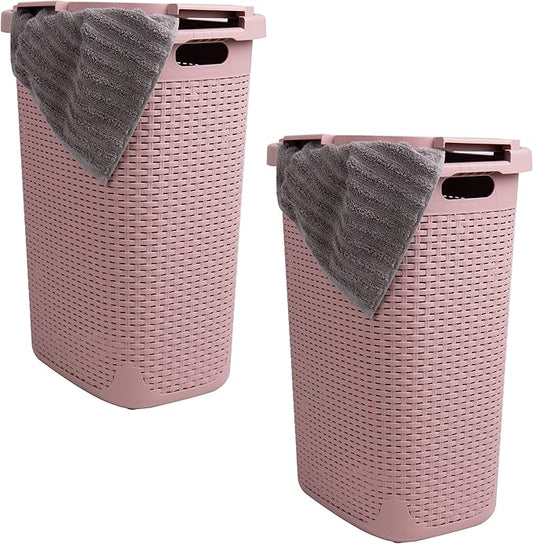 Mind Reader Slim Laundry Hamper with Lid, 60L Tall Clothes Basket, Narrow Tapered Design for Bathrooms, Closets and Laundry Rooms, Plastic, 2 Pack, Pink