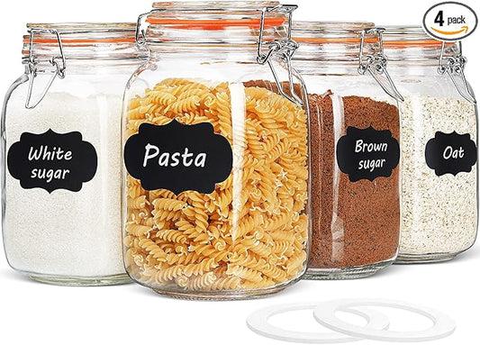 Qianfenie 50 oz Glass Jars with Airtight Lids, Wide Mouth Mason Jars with Clip Top Lids for Kitchen - Square Glass Jars with Chalkboard Labels and Replacement Silicone Gaskets, Set of 4