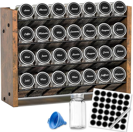 NESAPTO Spice Rack Organizer with 28 Spice Jars, Wooden Vertical Seasoning Organizer with Labels, Chalk Marker and Funnel Set for Cabinet, Kitchen Pantry, Countertop/Wall Mount, 14" W × 9.4" H