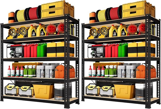 71" H x 35.5" W x 16" D 5-Tier Metal Storage Shelves: Heavy Duty Garage Shelving Adjustable Shelves for Storage - Black Utility Rack Shelf for Pantry, Warehouse, Office, Kitchen, 2PCS