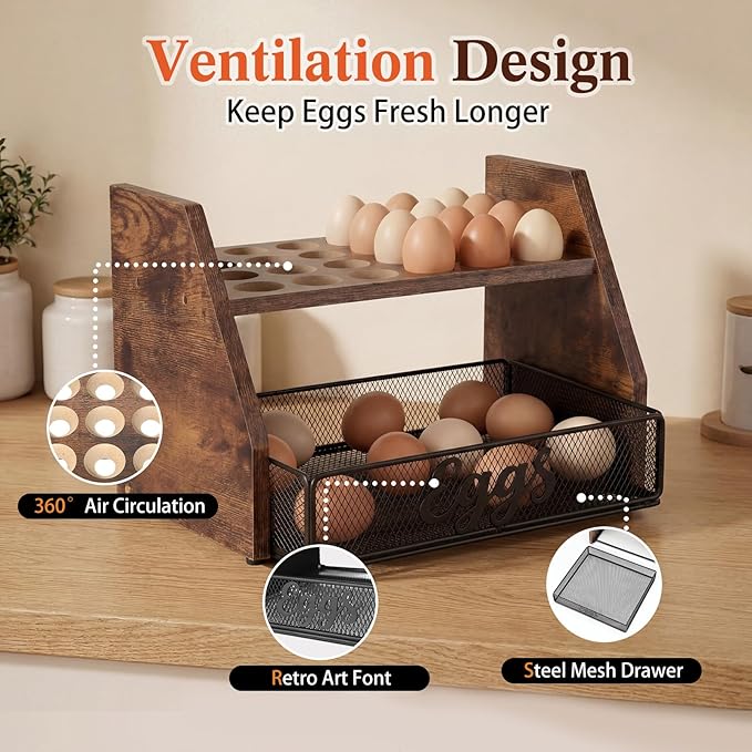 LemonRoad Wooden Egg Holder Fresh Egg Holders with Wire Basket Organizer for Countertop 24+60 Eggs Rustic Kitchen Organizer Basket for Gathering Fresh Chicken/Duck/Quail/Turkey Eggs(Brown)