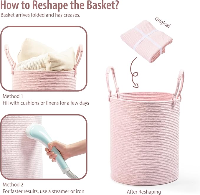 Laundry Basket – Laundry Hamper for Clothes, Blankets, Yoga Mat – Woven Cotton Rope Basket for Living Room, Nursery Room – Boho Style – 16”D x 22”H – Light Pink