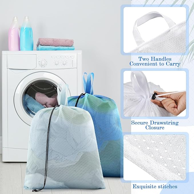 6 Pack 20 x 17 Inches Blue Soft Mesh Laundry Bag with Handles Machine Washable Secure Drawstring Closure Large Sturdy Mesh Net Laundry for College Travel Dorm Laundromat
